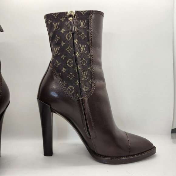 LOUIS VUITTON Brown Leather Mini Lin Jodie Monogram Ankle Boots, Size 35.5 5.5 - Picture 4 of 16